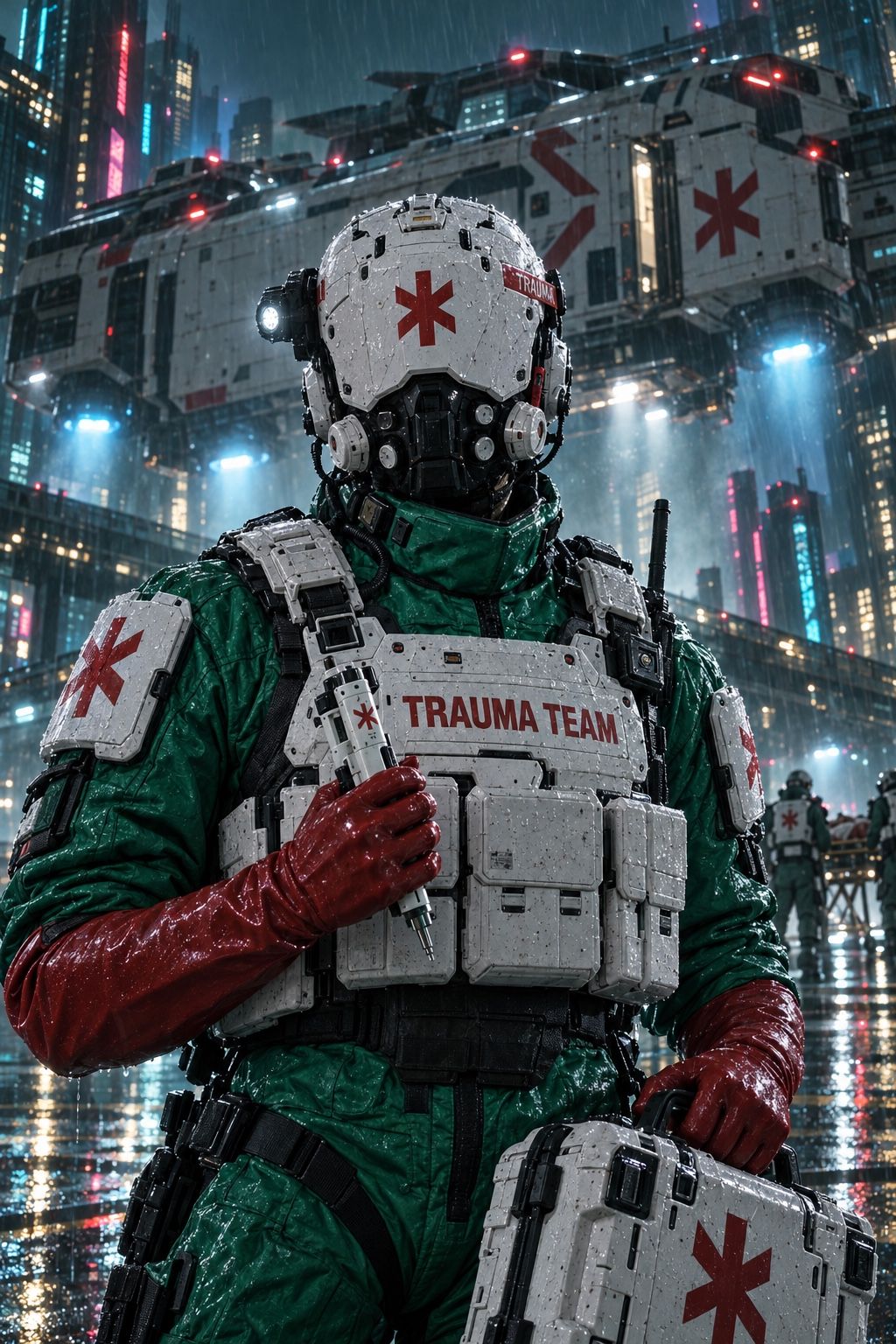 Медтех Trauma Team в закрытом шлеме с инъектором и кейсом